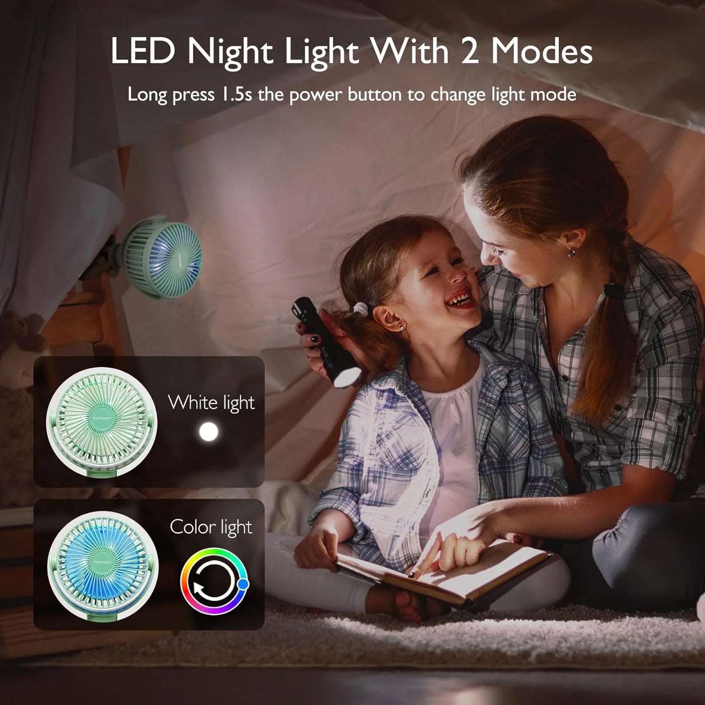 Momcozy пренослив вентилатор за количка или креветче со LED светло